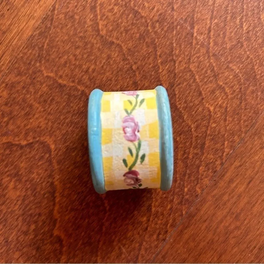 Vintage Cottagecore Hand Painted Wood Napkin Rings, Floral Paytern, Set of 8